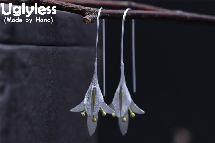 Real 925 Sterling Silver Lily of the Valley Flower Dangle Earrings for Women Ethnic Handmade Floral Brincos Fine Bijoux