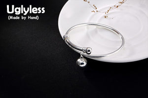 Real 990 Silver Fine Jewelry Cute Ball Charms Bangles for Women Simple Fashion Glossy Bangle Handmade Adsjutable Bijoux