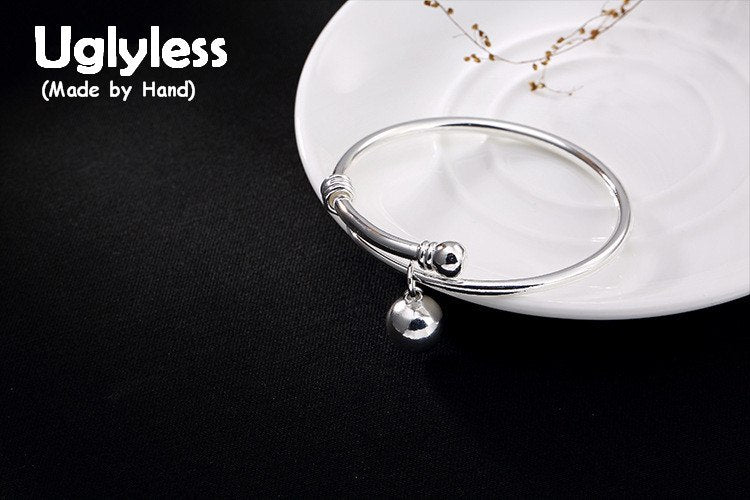 Real 990 Silver Fine Jewelry Cute Ball Charms Bangles for Women Simple Fashion Glossy Bangle Handmade Adsjutable Bijoux