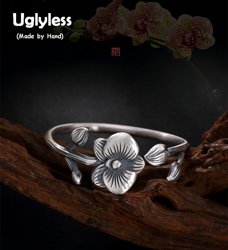 Real 999 Fine Silver Jewelry Ethnic Handmade Butterfly Orchid Bangles for Women Vintage Evening Statement Bijoux Femme