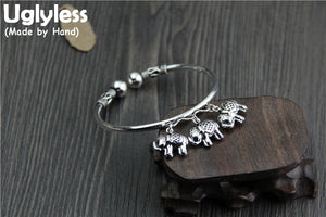 Real S 925 Sterling Silver Handmade Elephants Charms Bangles Women Lovely Balls Opening Bangle Thai Silver Fine Jewelry
