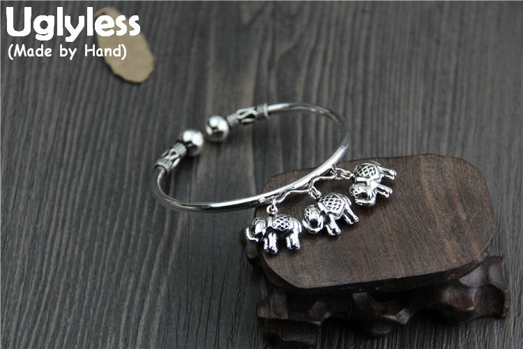 Real S 925 Sterling Silver Handmade Elephants Charms Bangles Women Lovely Balls Opening Bangle Thai Silver Fine Jewelry
