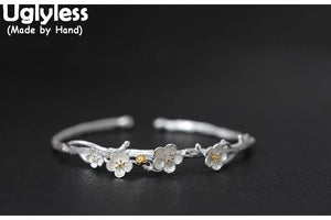 Real S 925 Sterling Silver Women Handmade Ethnic Plum Flower Bangles Elegant Nature Floral Fine Jewelry Opening Bangle