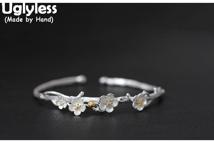Real S 925 Sterling Silver Women Handmade Ethnic Plum Flower Bangles Elegant Nature Floral Fine Jewelry Opening Bangle