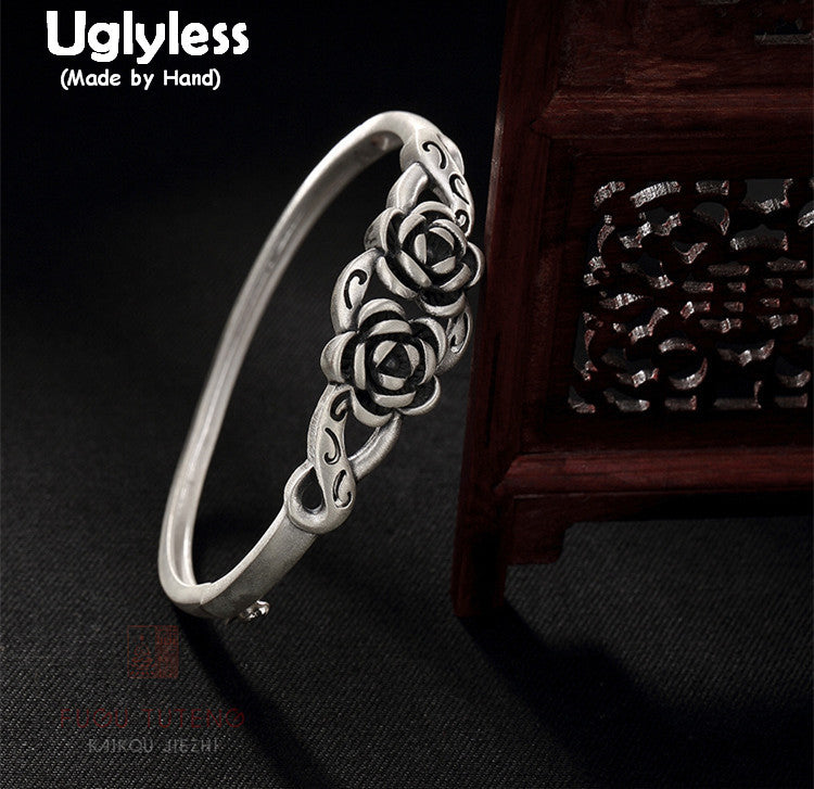Real S 990 Silver Jewelry Vulcanized Thai Black Silver Women Vintage Bangles Romantic Rose Floral Bangle Hollow Bijoux