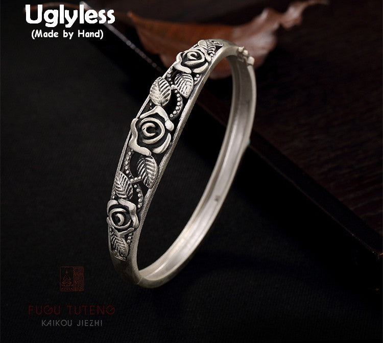 Real S 999 Fine Silver Bangles Women Vintage Hollow Rose Bangle Romantic Floral Jewelry Handmade Engraving Leaf Bijoux