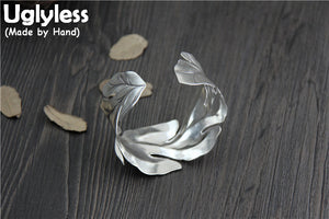 Real S 999 Silver Fine Jewelry Women Exaggerated Designer Leaf Bangles Ethnic Co Personalized 33MM Wide Bangle Bijoux