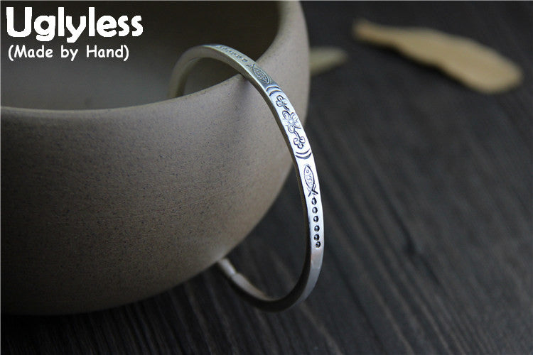 Real S999 Silver Fine Jewelry for Women Ethnic Handmade Carved Fishes Flowers Opening Bangles Vintage Adjustable Bijoux