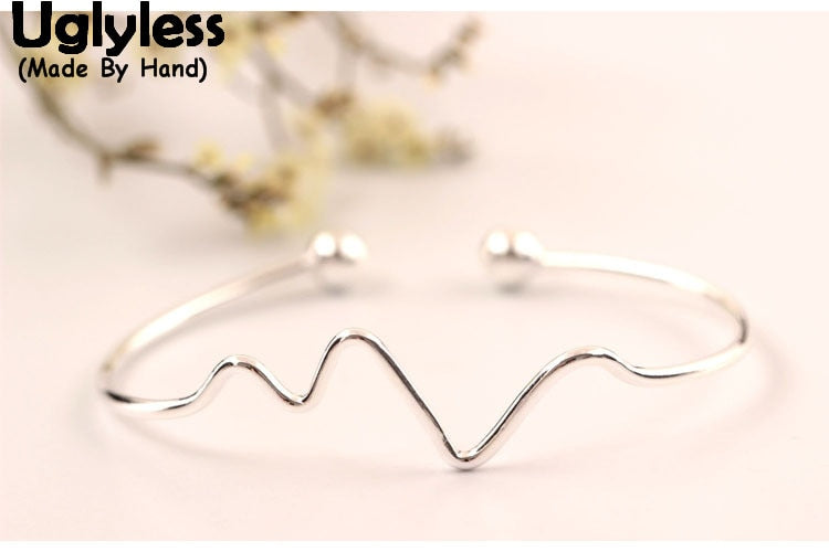 S 925 Sterling Silver ECG Heartbeat Lines Bangle Simple Fashion Korean Thin Bangle Personalized Handmade Fine Jewelry