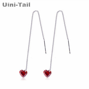 new 925 sterling silver red crystal Heart-shaped girl long line temperament Korea micro inl earrings GN501