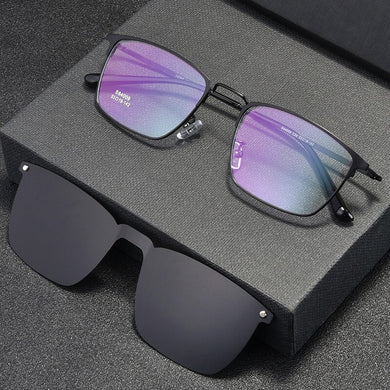 Ultra Light Mens Square Optical Eyeglass Frame Business Style Glasses Rx Eyewear With Magnetic Clip On Sunglasses For Driving