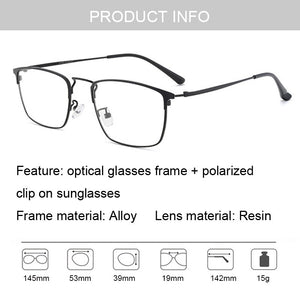 Ultra Light Mens Square Optical Eyeglass Frame Business Style Glasses Rx Eyewear With Magnetic Clip On Sunglasses For Driving