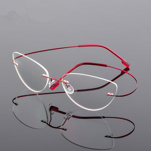Ultra-light Memory Cats Eye Frameless Titanium Alloy Eyeglass Optical Rx Frames Rimless Eyeglasses Women Cat Eye Glasses
