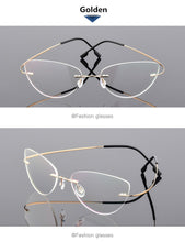 Carica l&#39;immagine nel visualizzatore di Gallery, Ultra-light Memory Cats Eye Frameless Titanium Alloy Eyeglass Optical Rx Frames Rimless Eyeglasses Women Cat Eye Glasses