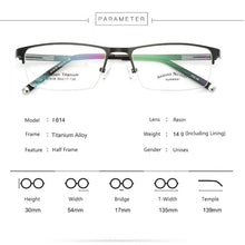 Carica l&#39;immagine nel visualizzatore di Gallery, Ultralight Titanium Alloy Business Men&#39;s Optical Glasses Frames , Half Frame Openwork Metal Prescription Myopia Glass Frame F614