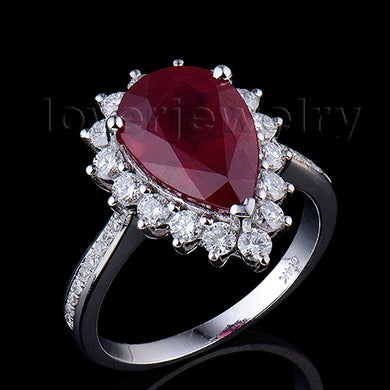Unique Fashion Jewelry Rings,Pear Shaped Solid 14Kt White Gold Diamond Ruby Ring 8x12mm-WU080