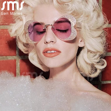 Unique Heart Rimless Sunglasses Women  Brand Designer Glasses Shiny Diamond Eyewear Rhinestone Sunglasses Men UV400 Shades