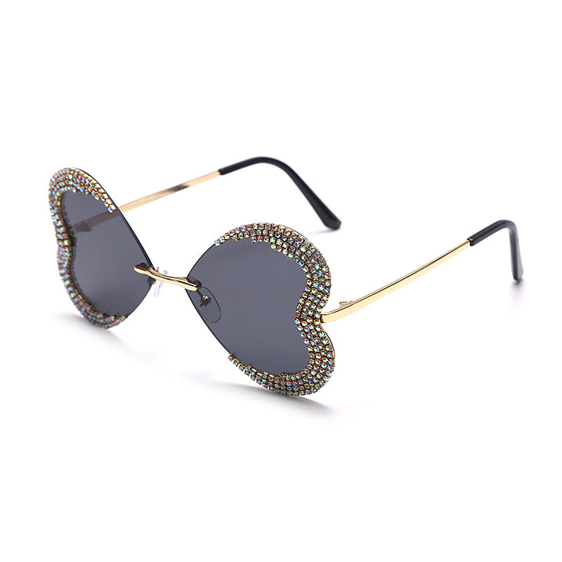 Unique Heart Rimless Sunglasses Women  Brand Designer Glasses Shiny Diamond Eyewear Rhinestone Sunglasses Men UV400 Shades