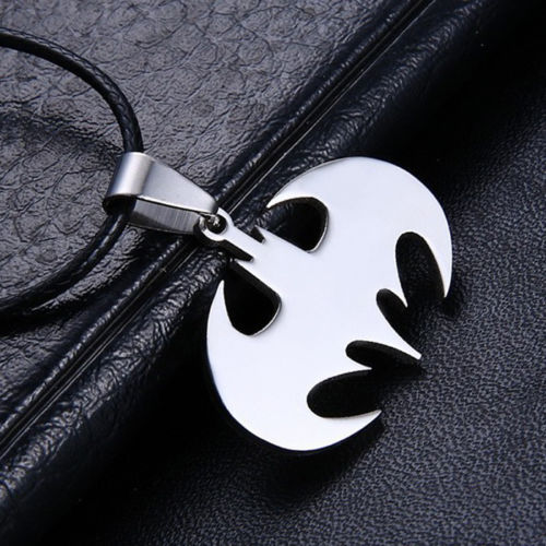 Unisex's Men Leather Chain Silver Stainless Steel Batman Bat Pendant Necklace