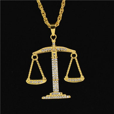 Justice Balance Scales Pendant Necklace Fashion Gold Color Charm Men Women Rhinestone Crystal Hiphop Jewelry Alloy