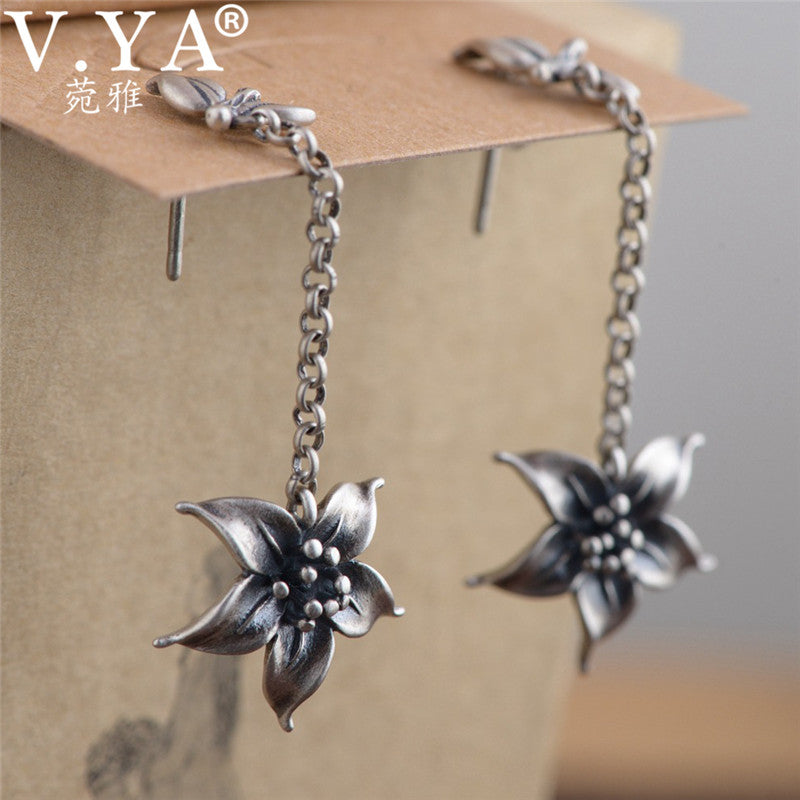 925 Sterling Silver Lily Flower Drop Earrings for Women Female Retro Thai Silver Jewelry Brincos Christmas Gift