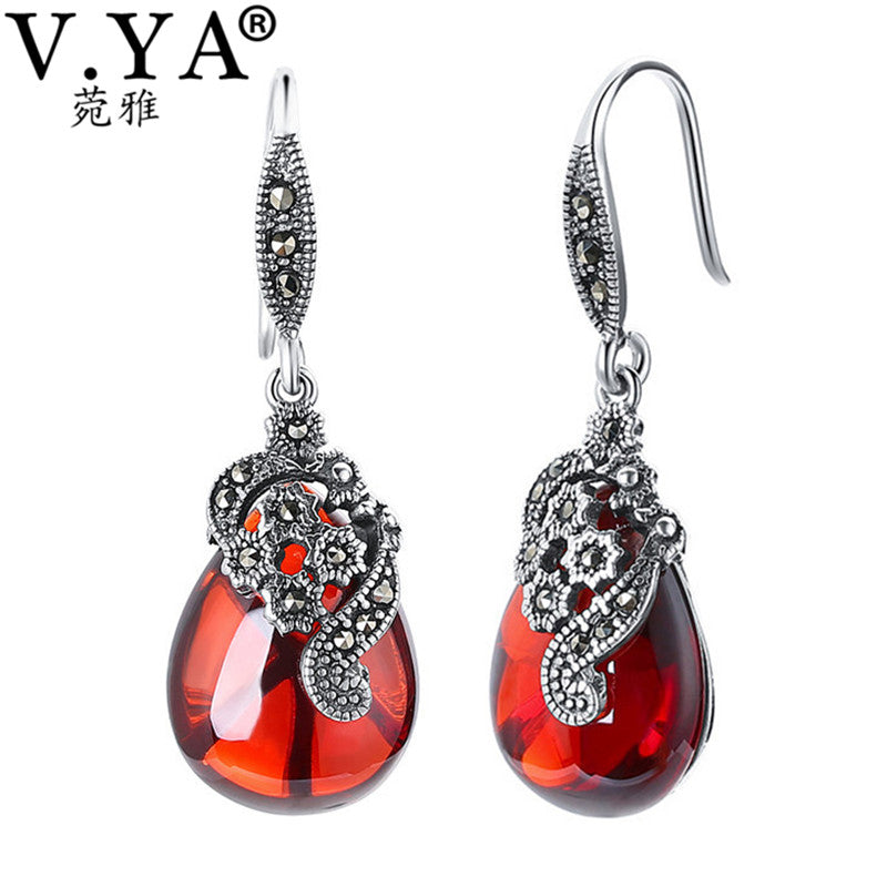 Nature Style Red Stone Earrings 925 Sterling Silver Water Drop Earrings Vintage Jewelry For Women Female Mother Gifts
