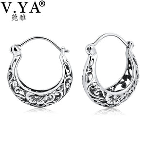 Pure 925 Sterling Silver Moon Shape Stud Earrings Vintage Hollow Floral Earring Fashion Women Jewelry