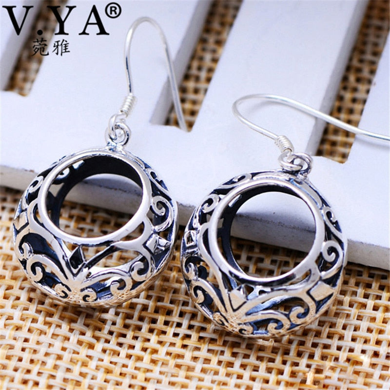 Real Pure 925 Sterling Silver Hollow Earrings Round Hanging Earrings for Women Vintage Statement Jewelry Brinco SSE001