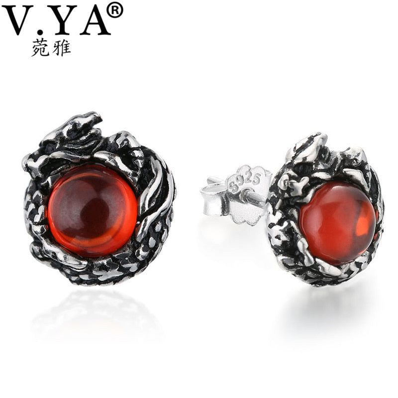Retro 925 Sterling Silver Dragon Stud Earrings For Women Men Vintage Natural Red Stone Earrings Thai Silver Jewelry