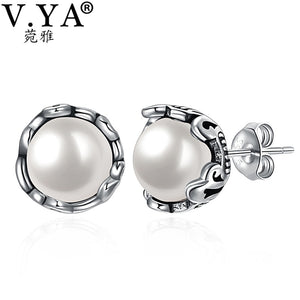 Vintage Sterling Silver Jewelry Pearl Earrings For Women S925 Silver Round Stud Earrings Birthd Mothers D Gift