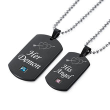 Load image into Gallery viewer, Stainless Steel Couple Tag Heart Pendent Necklaces Fashion His Angel Her Demon Crytal Jewelry For Women Men Lover Drop Ship