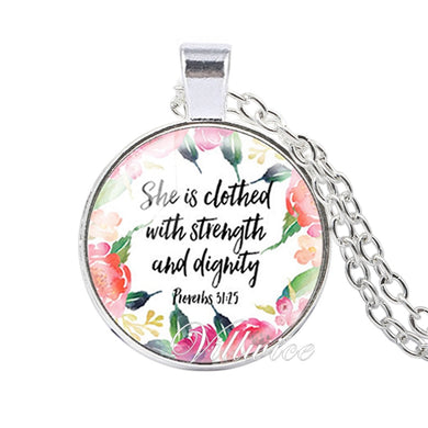She is clothed with Strength and Dignity Necklace Proverbs 31:25 Bible Verse Christian Quote Necklace Faith Gifts