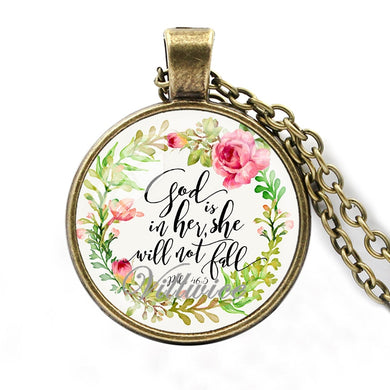 bible verse necklace god is in her she will not fall scripture quote jewelry for women men christian faith gifts