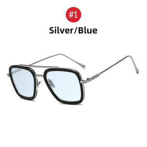 VIVIBEE 2022 Square Men Edith Sunglasses Vintage Tony Stark Silver Metal Frame Blue Lens Glasses  Women Steampunk Eyewear