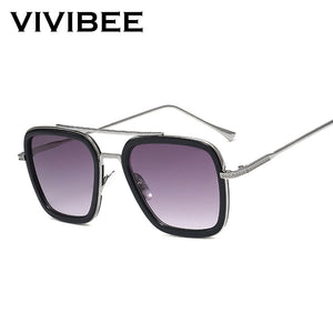 VIVIBEE 2022 Square Men Edith Sunglasses Vintage Tony Stark Silver Metal Frame Blue Lens Glasses  Women Steampunk Eyewear