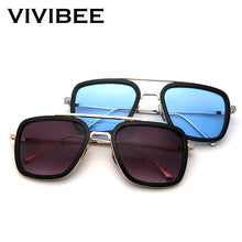 Load image into Gallery viewer, VIVIBEE 2022 Square Men Edith Sunglasses Vintage Tony Stark Silver Metal Frame Blue Lens Glasses  Women Steampunk Eyewear