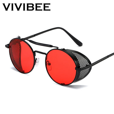 VIVIBEE Steampunk Sunglasses Men 2023 Trending Gothic Round Alloy Red Metal Punk Goggles Retro Party Sun Glasses