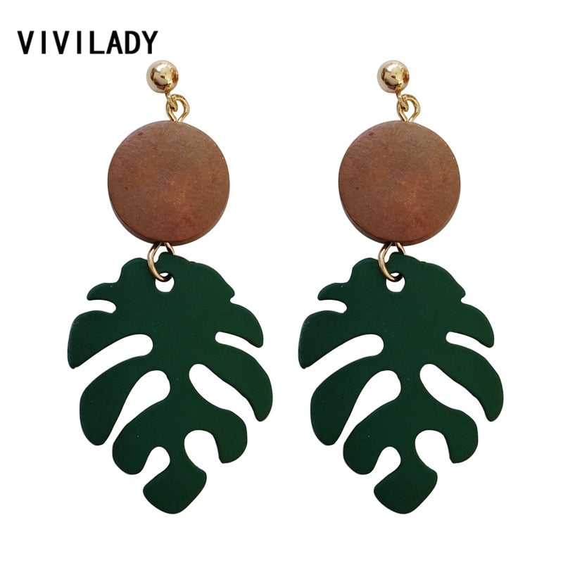 Bohemian Monstera Leaf Dangle Drop Earrings Women Tropical Plant Wood Brincos Statement Holid Jewelry Party Gifts