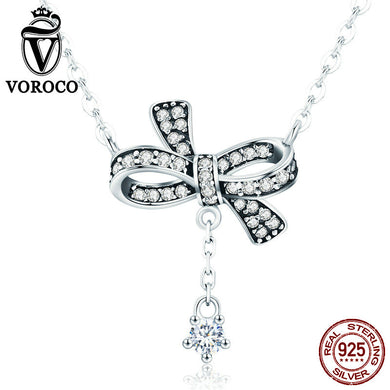 100% 925 Sterling Silver Necklace Bowknot Design Shiny 3A Zircon Stone Pendant Necklaces Woman Party Fine Jewelry BKN238