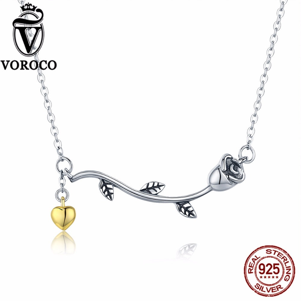 Authentic 100% 925 Sterling Silver Rose Flower Heart Love Women Pendant Necklaces Luxury S925 Fine Jewelry Gift BKN170