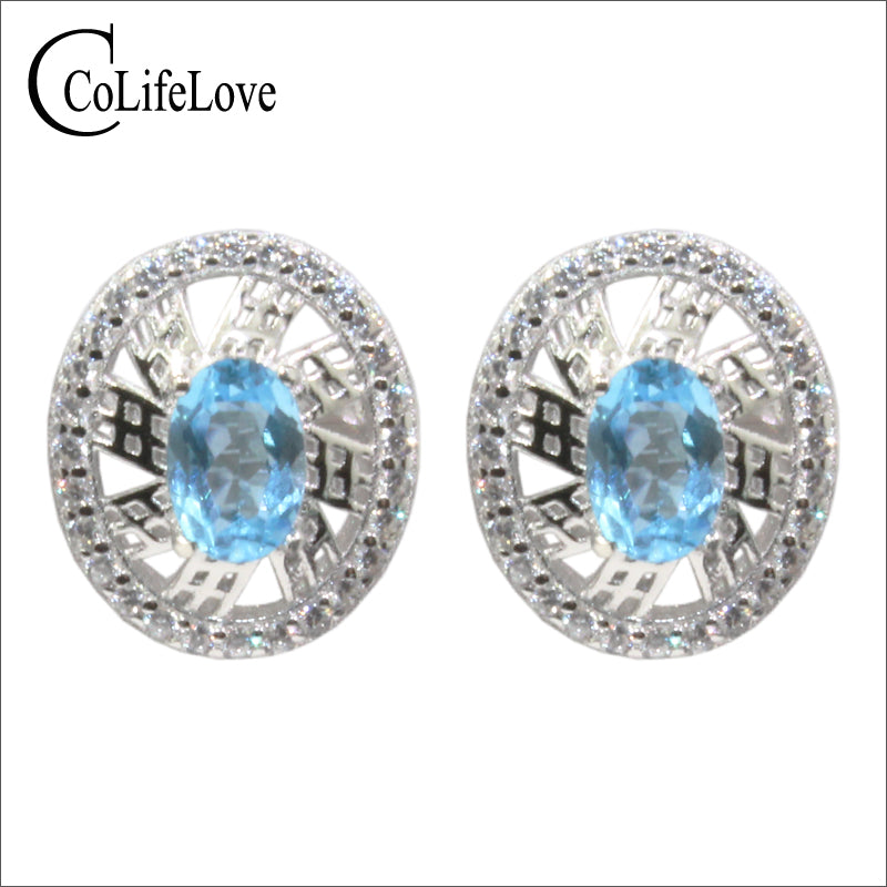 VVS grade topaz silver earrings 4 mm * 6 mm natural light blue topaz stud earrings real 925 silver topaz jewelry for wedding