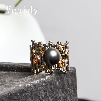 Female Vintage Fashion Black Tahitian Pearls Antique Rings For Women Sterling Silver Round Shiny Pearl Ring 2017 New