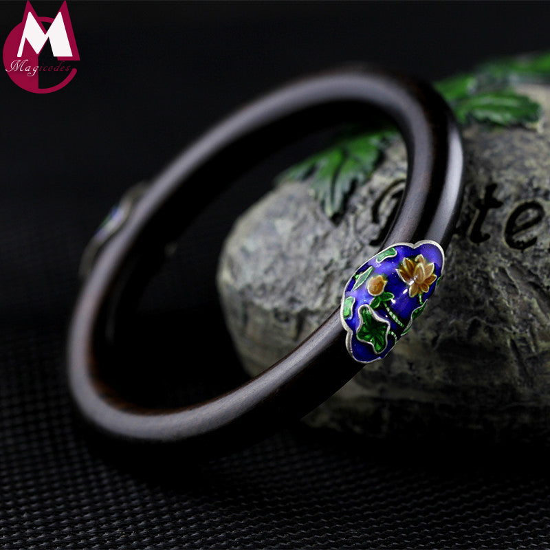 Vintage 8mm Natural Sandalwood Buddhist Wood Bracelets For Women Enamel Lotus Leaves S925 Sterling Silver Jewelry Female SB52