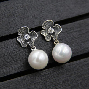 Vintage 925 Sterling Silver 10.5 mm Pearl Flower Stud Earring For Women Hand Made Thai Jewelry For Women Best Love Gift For Mom