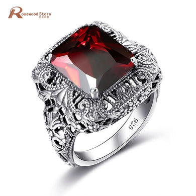 Vintage 925 Sterling Silver Ring for Women Men Created Garnet Stone Hollowed Flower Concave Cut Party Cocktail Ring Fine Jewelry