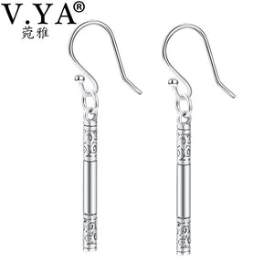 Vintage 990 Sterling Silver Cylinder Shape Drop Earrings For Women Thai Silver Long Earrings Bijoux Best Gift