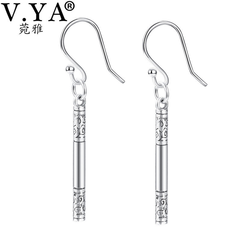 Vintage 990 Sterling Silver Cylinder Shape Drop Earrings For Women Thai Silver Long Earrings Bijoux Best Gift