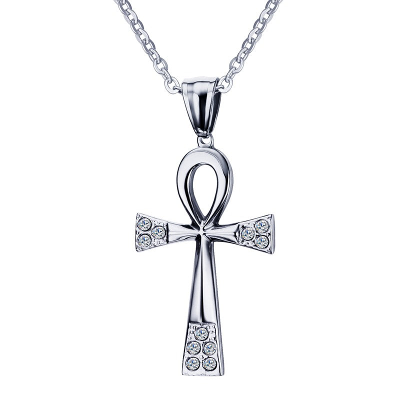 Vintage Ankh Egyptian Cross Necklaces for Women Men Bling CZ Stone Stainless Steel Crux Ansata Religious Prayer Unisex Jewelry