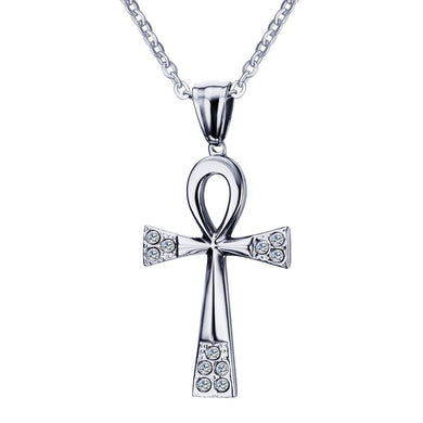 Vintage Ankh Egyptian Cross Necklaces for Women Men Bling CZ Stone Stainless Steel Crux Ansata Religious Prayer Unisex Jewelry