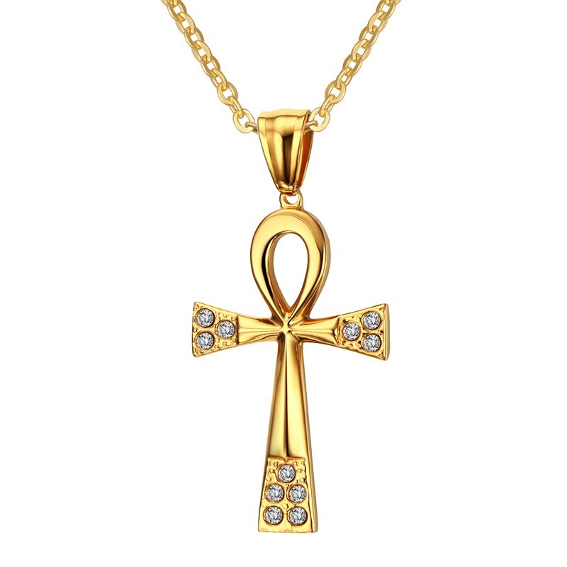 Vintage Ankh Egyptian Cross Necklaces for Women Men Bling CZ Stone Stainless Steel Crux Ansata Religious Prayer Unisex Jewelry
